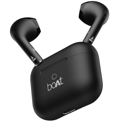 Black boAt Airdopes Alpha true wireless earbuds and charging case